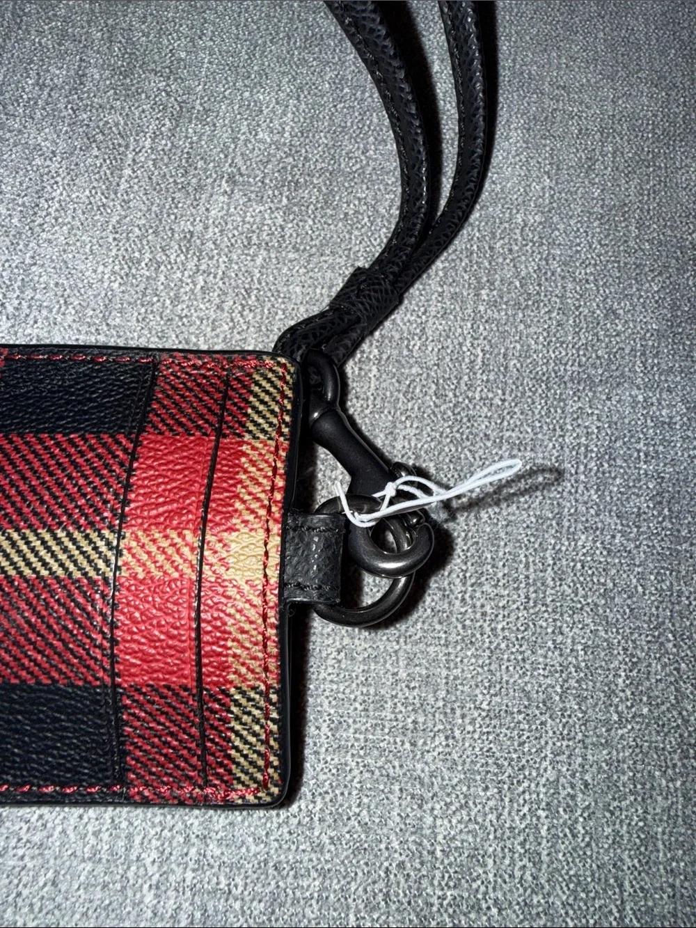 Coach Red Plaid Leather Lanyard Card Holder with Black Strap